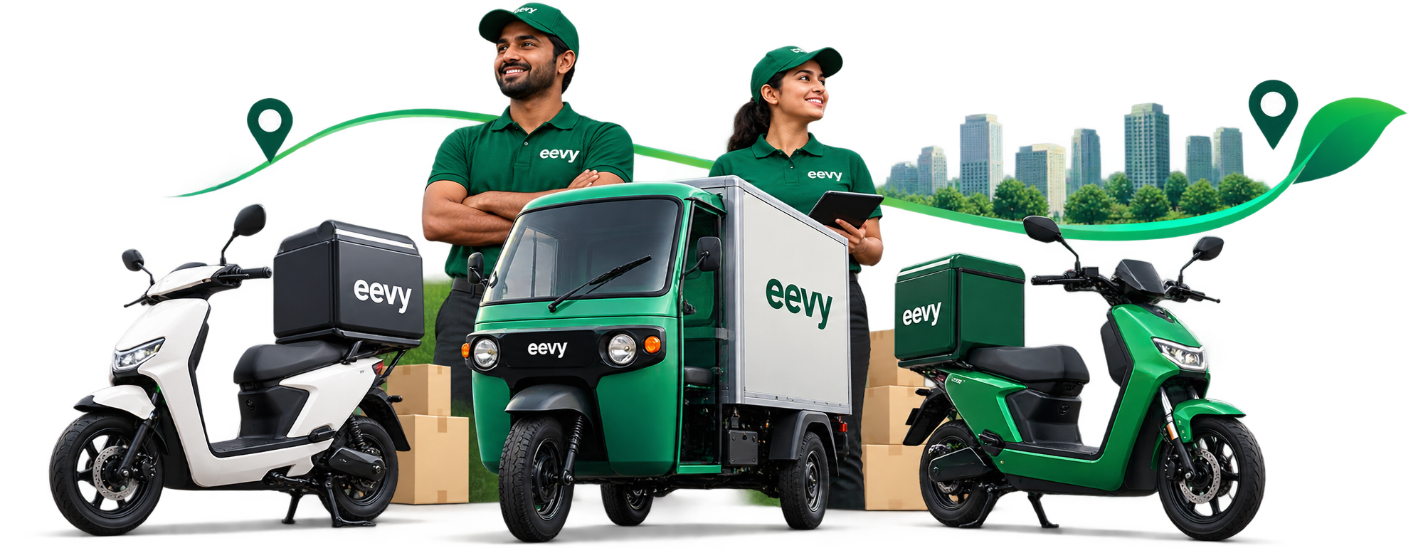 Eevy-branded electric delivery scooters and cargo three-wheeler with delivery team